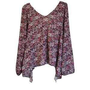 BCBGeneration Flowy High-Low Blouse Small – Multicolor Print with Keyhole Back